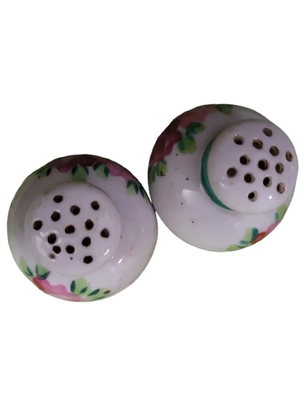 Porcelain Salt Pepper Shakers White Red Pink Roses Green Neck Banding Corks Vtg